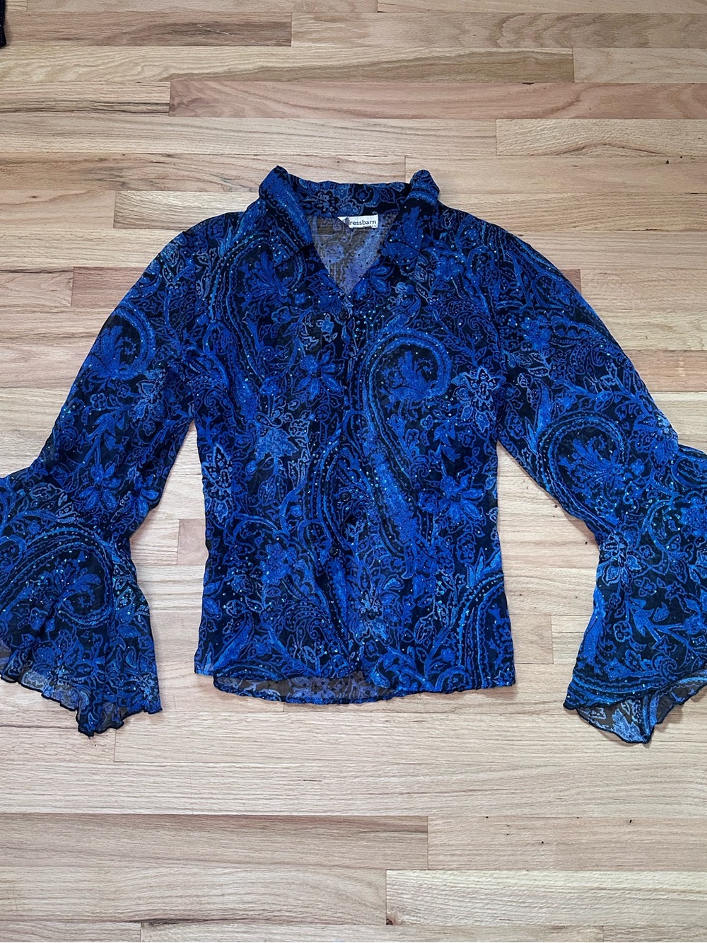 Y2K Fairy Whimsigoth Blue Paisley Mesh Button Up Going Out Top with Bell Sleeves